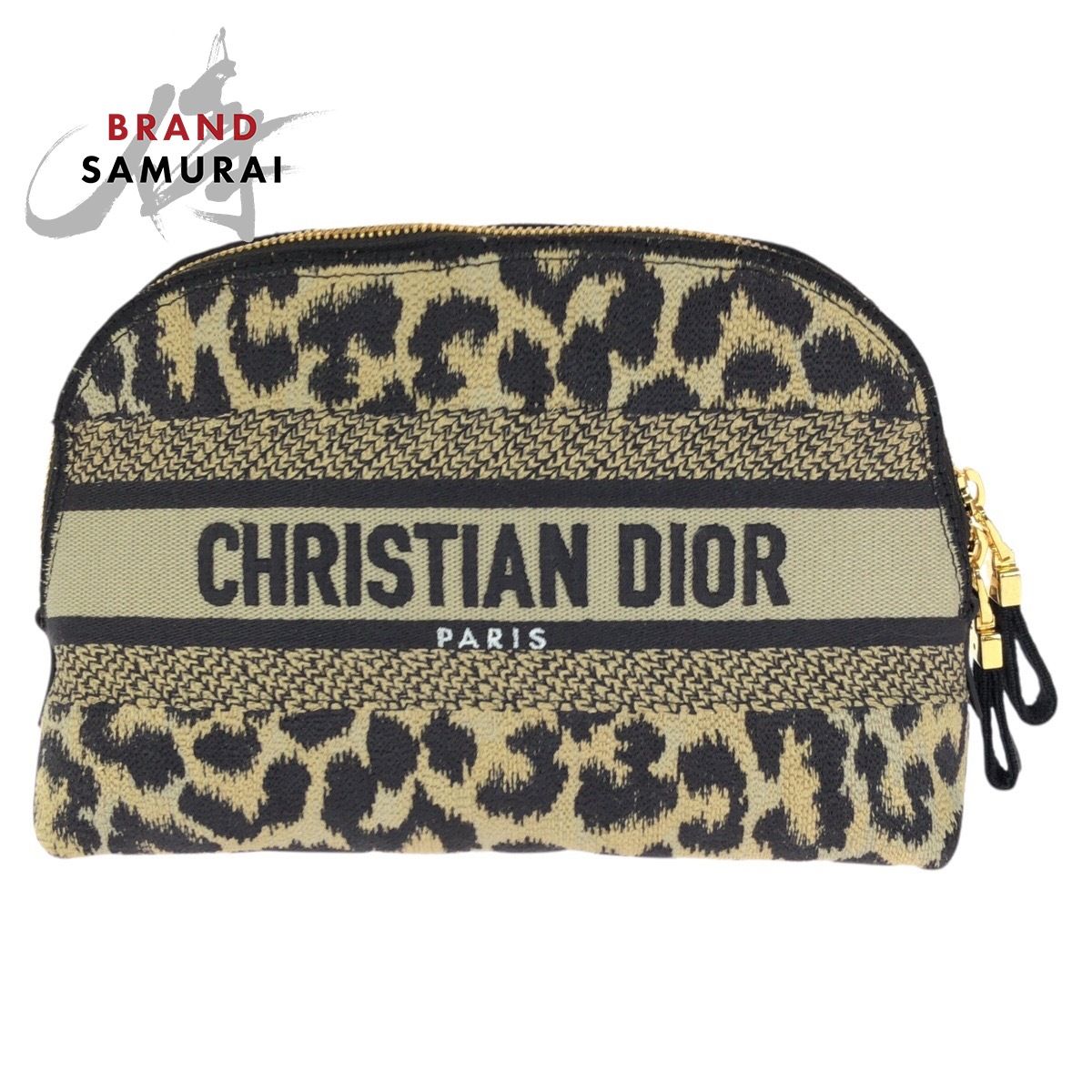 美品 Dior ディオール DiorTravel レオパード柄 ベージュ ブラック ゴールド金具 キャンバス ポーチ メイクポーチ 小物入れ 602511【中古】