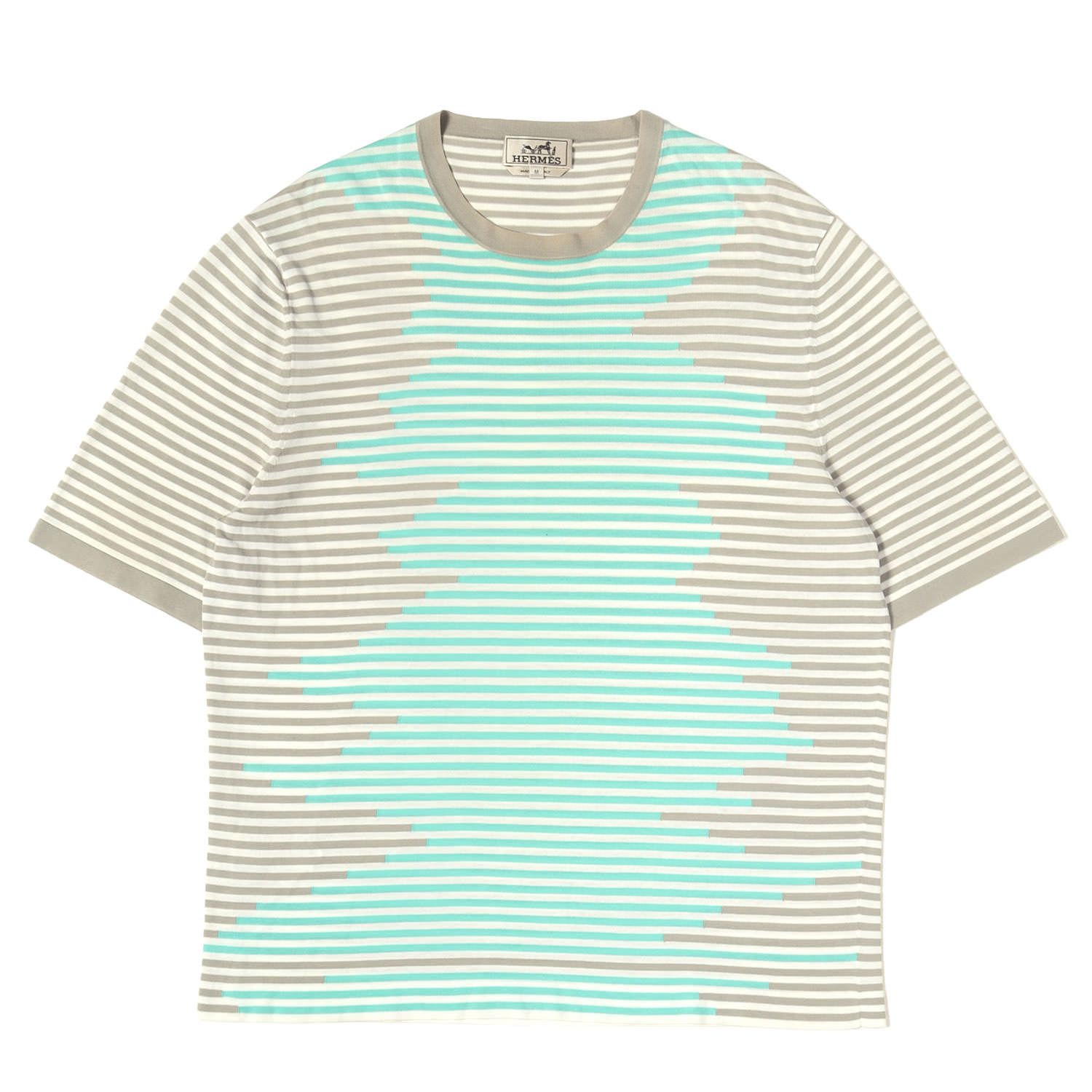 HERMES エルメス Tシャツ グレー×エメラルドグリーン サイズ:M | デザイン ボーダー コットンニット クルーネック Tシャツ | イタリア製 | トップス カットソー 半袖【メンズ】【中古】 14,773円