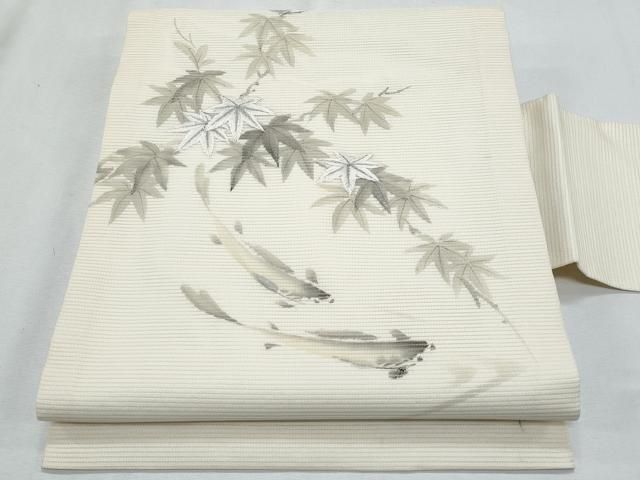 平和屋着物＊夏物　九寸名古屋帯　作家物　刺繍　魚　枝楓文　銀彩　正絹　逸品　CABH8297fb