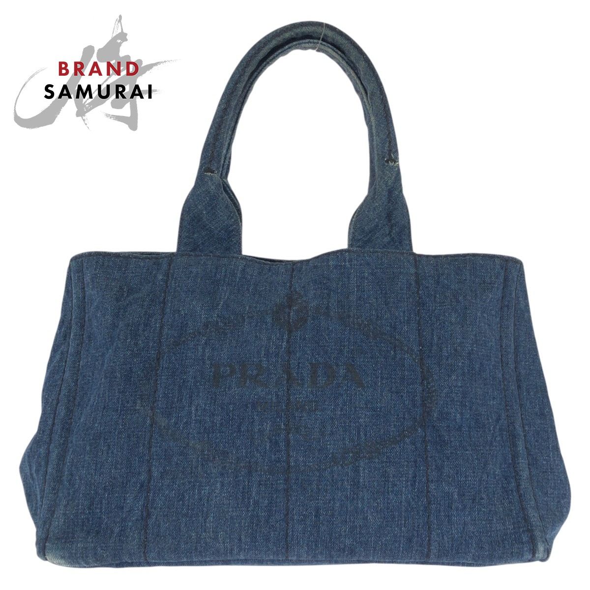 美品 PRADA プラダ カナパ 三角ロゴプレート ブルー ゴールド金具 デニム トートバッグ ハンドバッグ レディース 602509【中古】