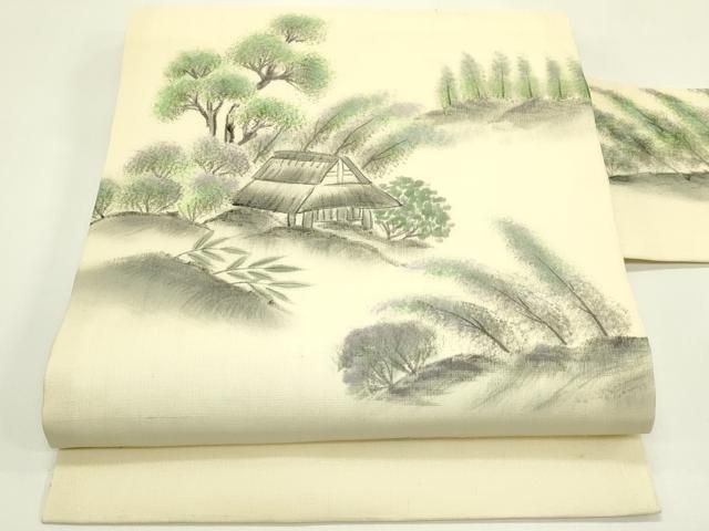 平和屋着物＊夏物　九寸名古屋帯　手描き　風景文　健勝苑扱い　正絹　逸品　CABI5211rv
