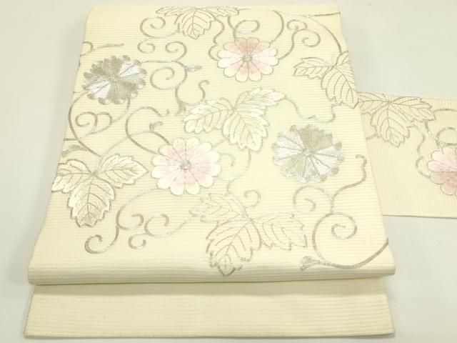 平和屋着物＊夏物　九寸名古屋帯　総刺繍　駒刺繍　菊唐草文　正絹　逸品　CABI5212rv
