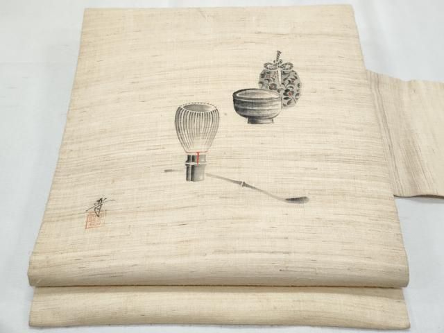 平和屋着物＊夏物　九寸名古屋帯　作家物　手描き　茶道具　麻　逸品　CABH8316fb