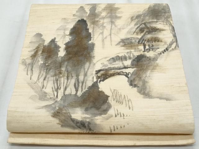 平和屋着物＊夏物　九寸開き名古屋帯　作家物　手描き　風景文　金彩　麻　逸品　CABH8325fb