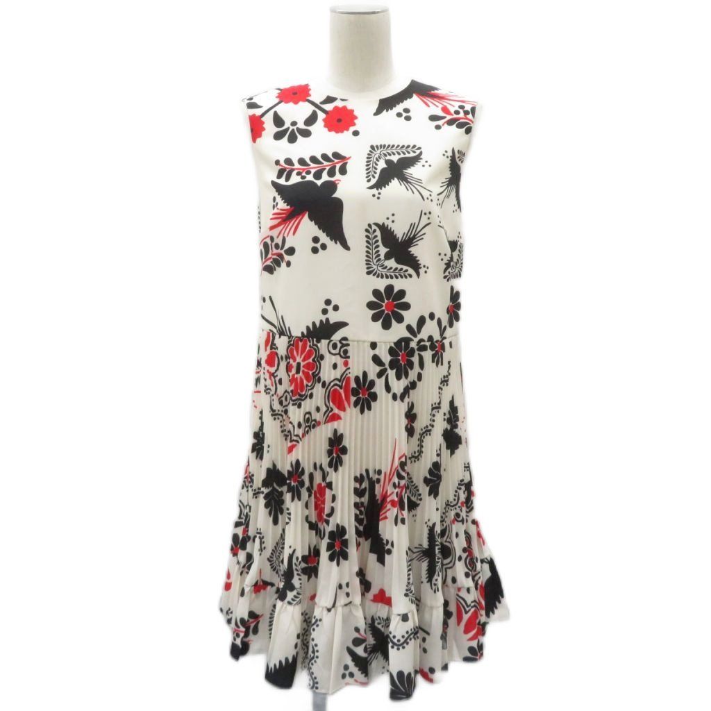 レッド ヴァレンティノ RED VALENTINO ワンピース 38 アイボリー 総柄 ノースリーブ プリーツ ラウンドネック ひざ丈 /YS26 ■GY57