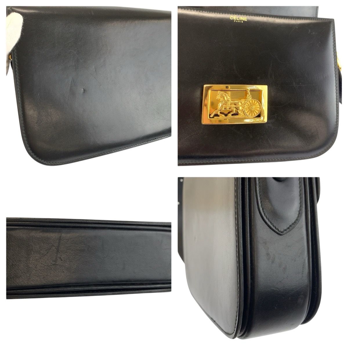 CELINE セリーヌ ヴィンテージ 馬車金具 ブラック 黒 ゴールド金具 