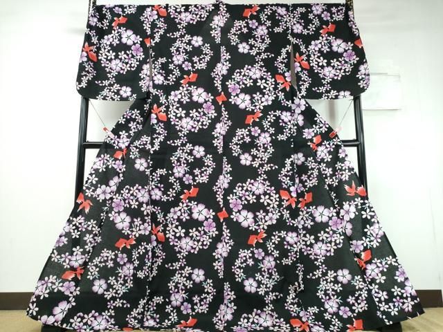平和屋着物∴夏物　浴衣　綿紅梅　金魚　舞花文　黒地　ロング丈　綿　逸品　CABH1538ng 22,464円