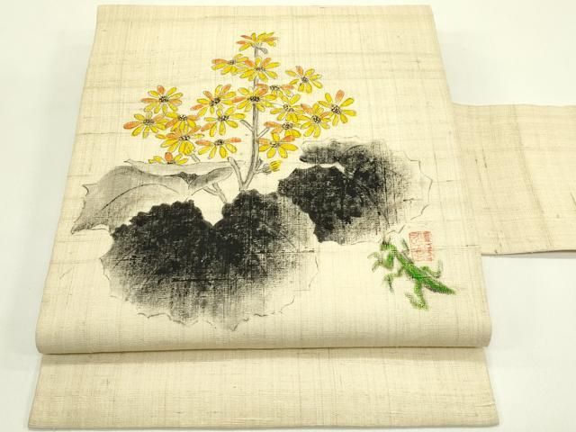 平和屋着物＊夏物　九寸名古屋帯　作家物　手描き　生紬　カマキリ　草花文　金彩　正絹　逸品　CABH5960rv