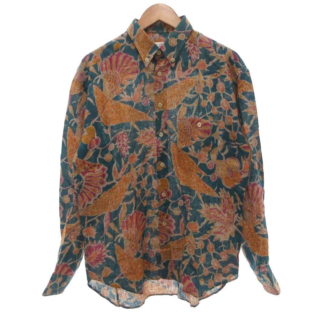 ジバンシィ GIVENCHY GENTLEMEN 美品 ヴィンテージシャツ ボタンダウン BD リネン 41/16 レギュラーカラー バティック柄 ポケット付き ラウンドカット イタリア製 青 ブルー オレンジ 紫 パープル /KB ■ECC005