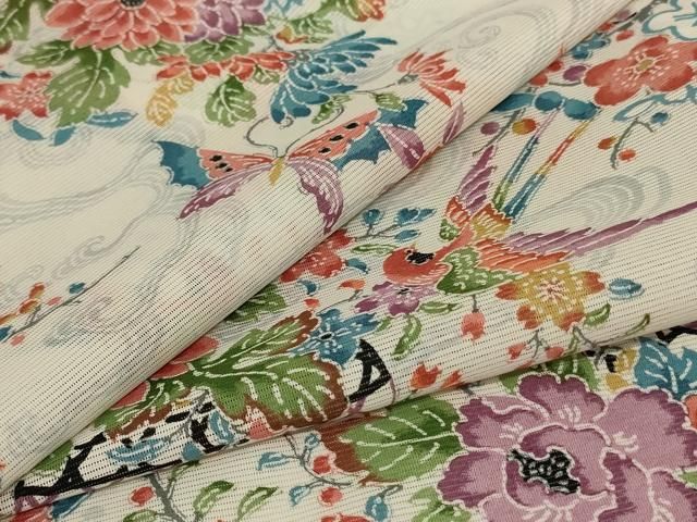 平和屋着物＊夏物　小紋　絽　舞蝶花鳥文　洗える着物　AABJ8040jd
