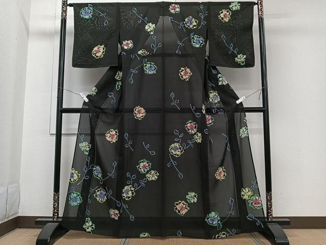 平和屋着物＊夏物　訪問着　ろうけつ染め　草花文　黒地　正絹　逸品　CABI3660xi