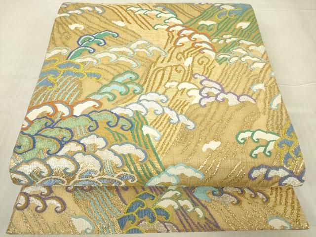 平和屋着物▽明綴れ　袋帯　スリーシーズン　春夏秋　立波文　金銀糸　正絹　逸品　DABG0363az