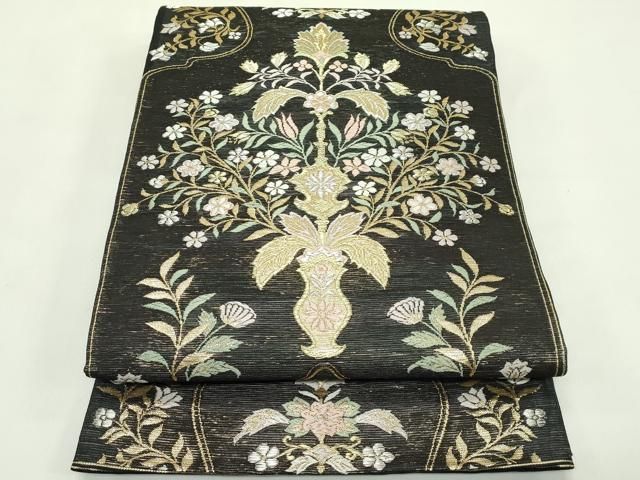 平和屋着物＊夏物　六通柄袋帯　唐織　陶器花文　黒地　金銀糸　正絹　逸品　CABH5816rv