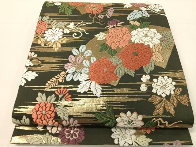 平和屋着物●六通柄袋帯　唐織錦　地紙花文　金糸　正絹　逸品　CABH4704vp