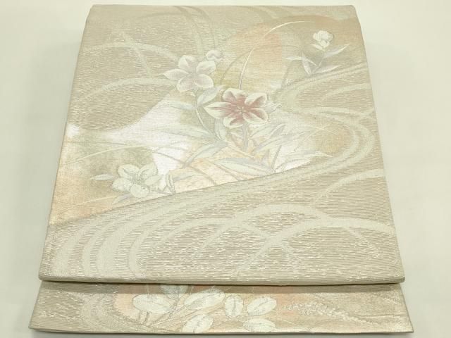 平和屋着物＊夏物　六通柄袋帯　流水草花文　銀糸　正絹　逸品　CABH5847rv