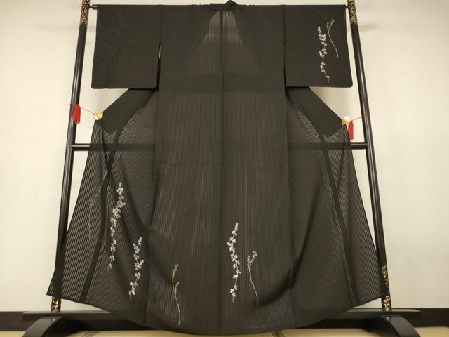 平和屋着物＊夏物　訪問着　草花紋絽　黒地　健勝苑扱い　正絹　逸品　AABJ6478jd