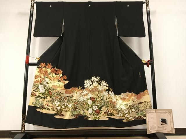平和屋着物●松尾光琳　純金　黒留袖　刺繍　花鳥文　金彩　保証書付き　正絹　逸品　AABI8886fy