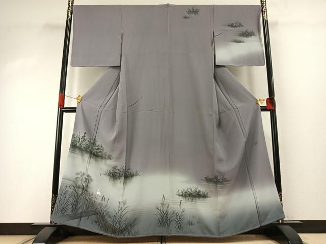 平和屋着物●訪問着　作家物　手描き　鷺　風景文　暈し染め　正絹　逸品　未使用　AABI8889fy