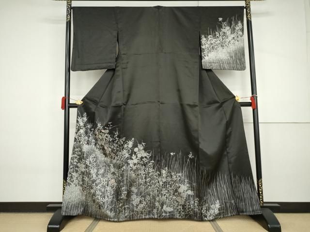 平和屋着物▽訪問着 単衣 刺繍 花蝶文 黒地 銀糸 銀彩 正絹 逸品 AABI8079cs