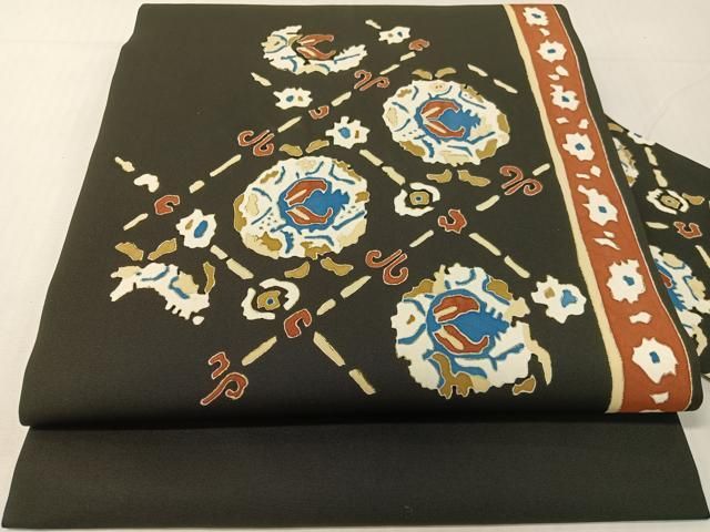 平和屋着物●塩瀬　九寸名古屋帯　吉祥花文　黒地　金彩　正絹　逸品　CABG1968vp