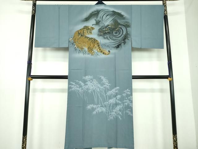 平和屋着物●男性　長襦袢　無双仕立て　手描き　龍虎　笹竹文　金彩　鬼しぼ縮緬　正絹　逸品　未使用　DABE5864ps 平和屋着物男性 長襦袢 無双仕立て 手描き 龍虎 笹竹文 金彩 鬼しぼ