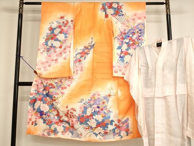 平和屋着物[]七五三　女の子　７歳　祝着　四つ身　長襦袢（無双仕立て）セット　舞扇花文　暈し染め　金彩　AABI2843ja