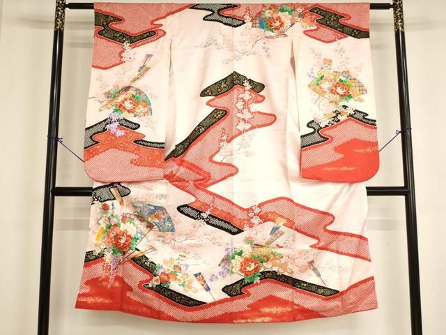 平和屋着物[]七五三　女の子　７歳　祝着　四つ身　扇面花鳥文　孔雀　鴛鴦　金彩　逸品　AABI2848ja
