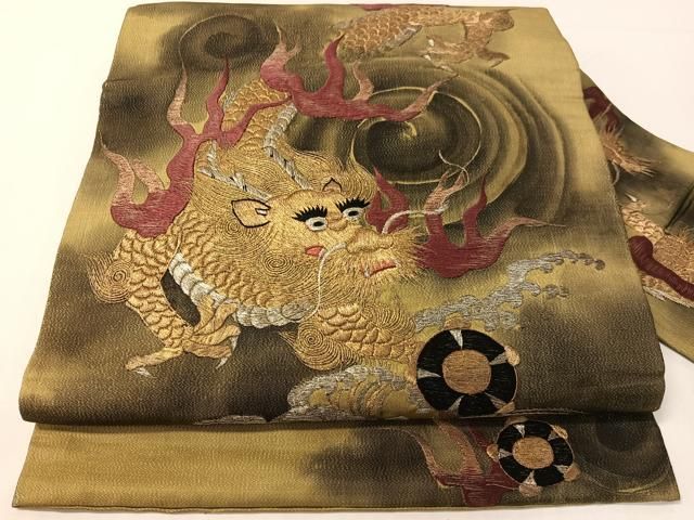 平和屋着物●アンティーク　大正ロマン　総手刺繍　九寸名古屋帯　手描き　雲龍　金銀糸　正絹　逸品　CABG1947vp