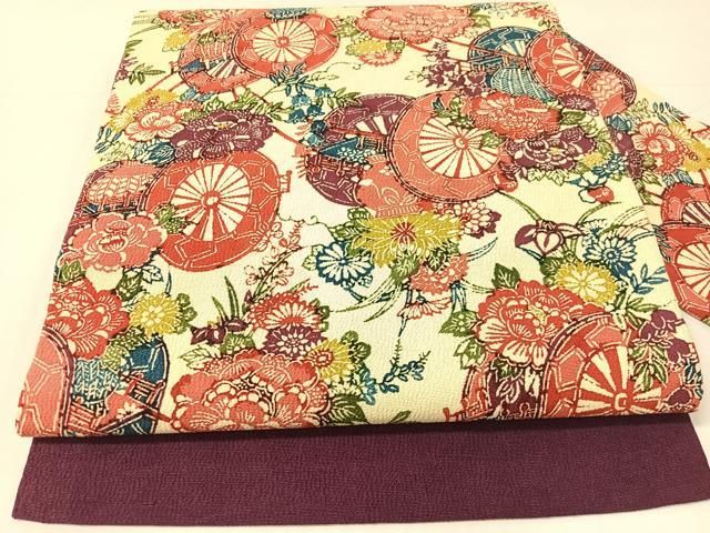 平和屋着物●全通柄　九寸名古屋帯　型染め　花車文　鬼しぼ縮緬　正絹　逸品　CABG1950vp