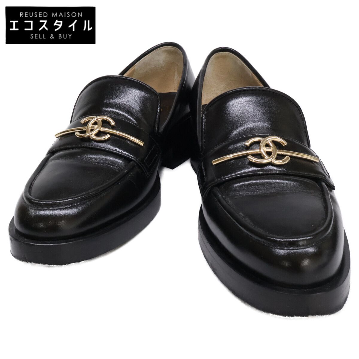 CHANEL　シャネル　23年 G39520 ブラック ローファー カーフスキン メタル　36.5