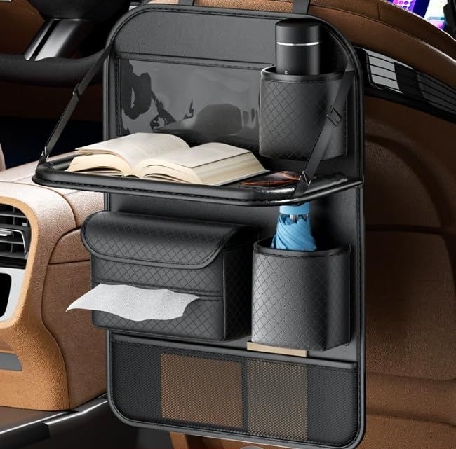 車用収納ポケット 車用シートバック収納バッグ カップホルダー 小物収納 車の座席で使える畳める レザー 折りたたみテーブル PUトレイ 防水/防汚/耐摩耗性 車内整理 多機能で取り付け簡単 使い勝手 カー用品ts