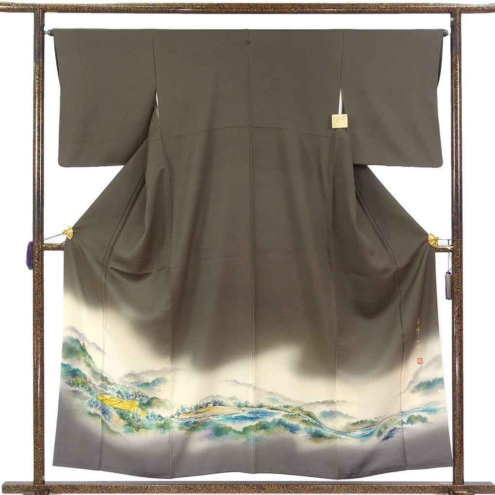 色留袖 身丈156cm 裄65cm 前幅24cm 後幅30cm 袖丈48cm 袖幅32.5cm レディース 袷 風景画 裄Mサイズ 秋冬春用 正絹（シルク）ブラウン 美品 草野一騎 リメイク リユース リサイクル【呉服のきくや】
