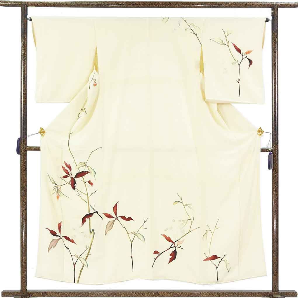 訪問着 身丈155cm 裄65cm 前幅24cm 後幅29cm 袖丈51cm 袖幅34cm レディース 袷 植物 裄Mサイズ 秋冬春用 正絹(シルク)イエロー やや難 リメイク リユース リサイクル【呉服のきくや】