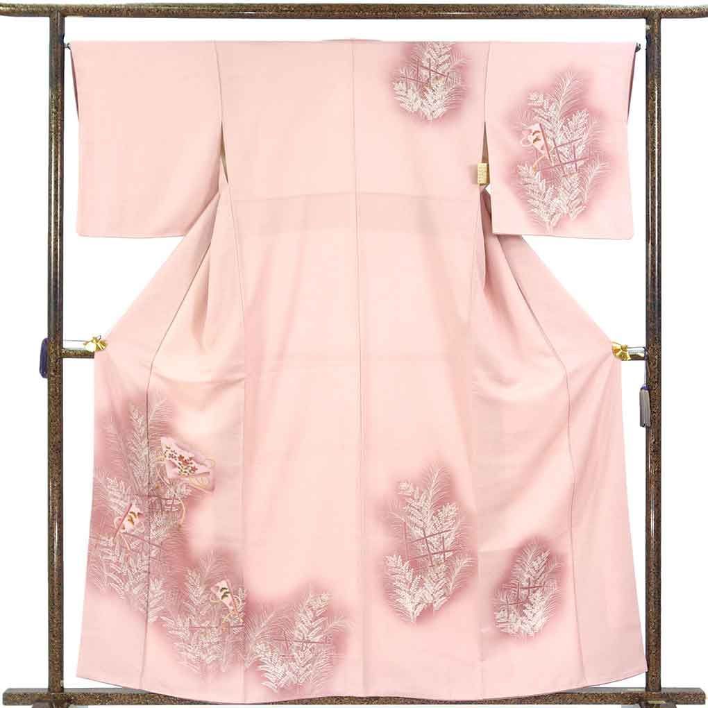 訪問着 身丈160cm 裄66cm 前幅24cm 後幅29cm 袖丈48cm 袖幅33cm レディース 袷 扇面 裄長 裄M-Lサイズ 秋冬春用 正絹（シルク）ピンク やや難 リメイク リユース リサイクル【呉服のきくや】