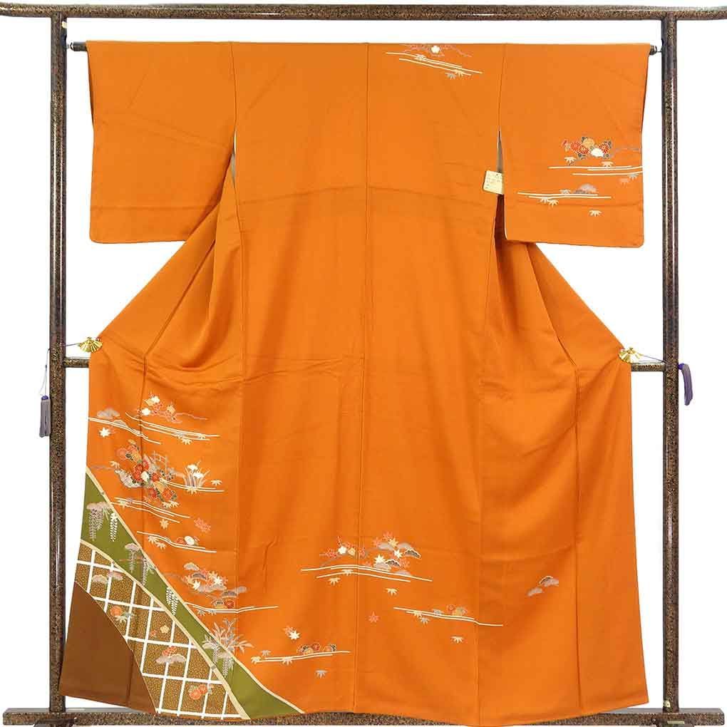 訪問着 身丈159cm 裄64cm 前幅24cm 後幅30cm 袖丈48cm 袖幅32cm レディース 袷 四季の花柄 裄Mサイズ 秋冬春用 正絹（シルク）ブラウン 未使用品 リメイク リユース リサイクル【呉服のきくや】