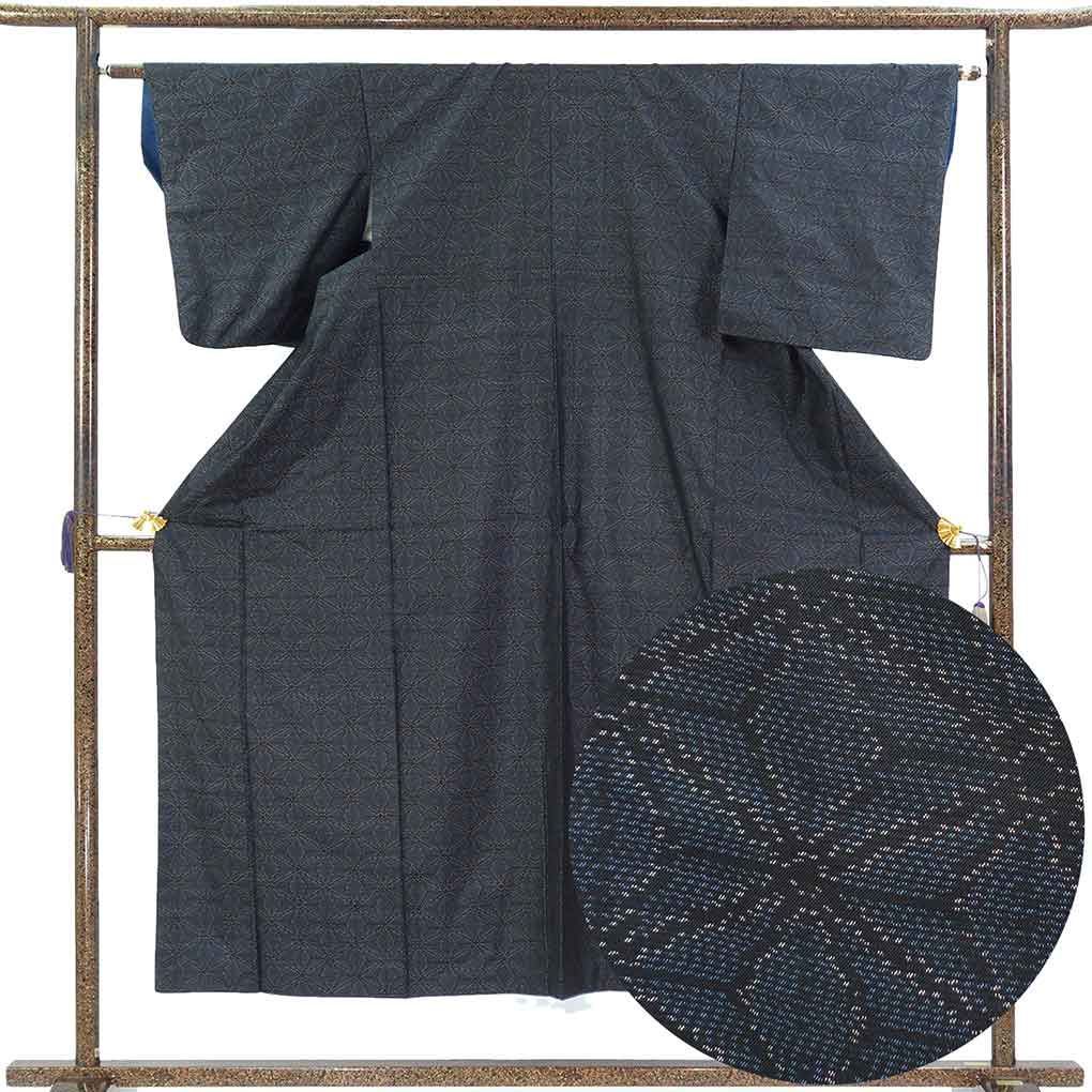 紬 身丈151cm 裄63cm 前幅24cm 後幅28.5cm 袖丈49cm 袖幅32cm レディース 袷 連続模様 裄Mサイズ 秋冬春用 正絹（シルク）ネイビー 美品 大島紬 リメイク リユース リサイクル【呉服のきくや】