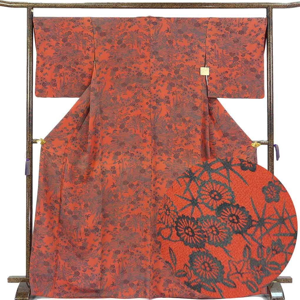 小紋 身丈169cm 裄68cm 前幅27cm 後幅31.5cm 袖丈49cm 袖幅34cm レディース 袷 紅型調 裄長 裄Lサイズ 秋冬春用 正絹（シルク）レッド トールサイズ 美品 リメイク リユース リサイクル【呉服のきくや】