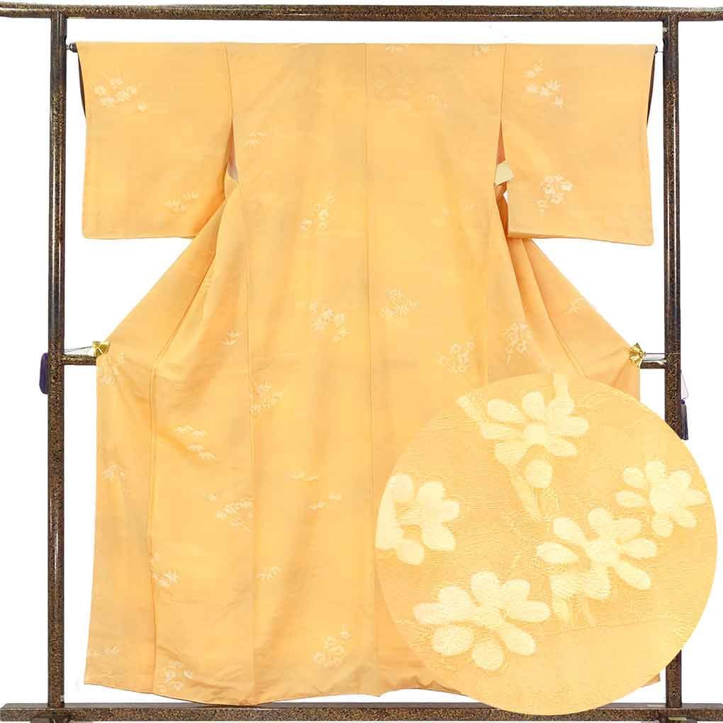 小紋 身丈158cm 裄65cm 前幅24cm 後幅30cm 袖丈48cm 袖幅33cm レディース 袷 地紋起こし 裄Mサイズ 秋冬春用 正絹（シルク）オレンジ 未使用品 リメイク リユース リサイクル【呉服のきくや】