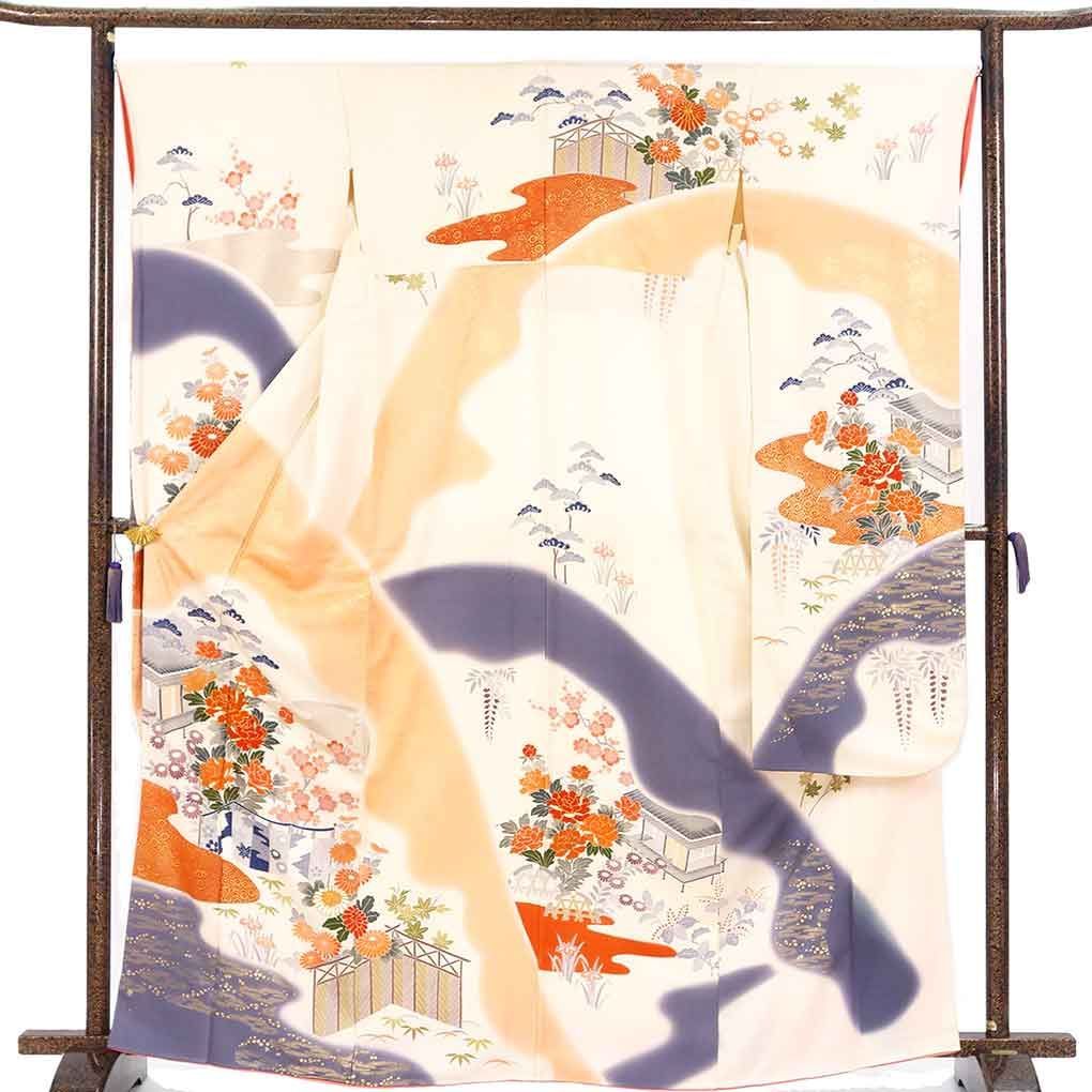 振袖 身丈165cm 裄66cm 前幅23cm 後幅28.5cm 袖丈112cm 袖幅34cm レディース 袷 花柄 裄長 裄M-Lサイズ 秋冬春用 正絹（シルク）ホワイト トールサイズ やや難 リメイク リユース リサイクル【呉服のきくや】