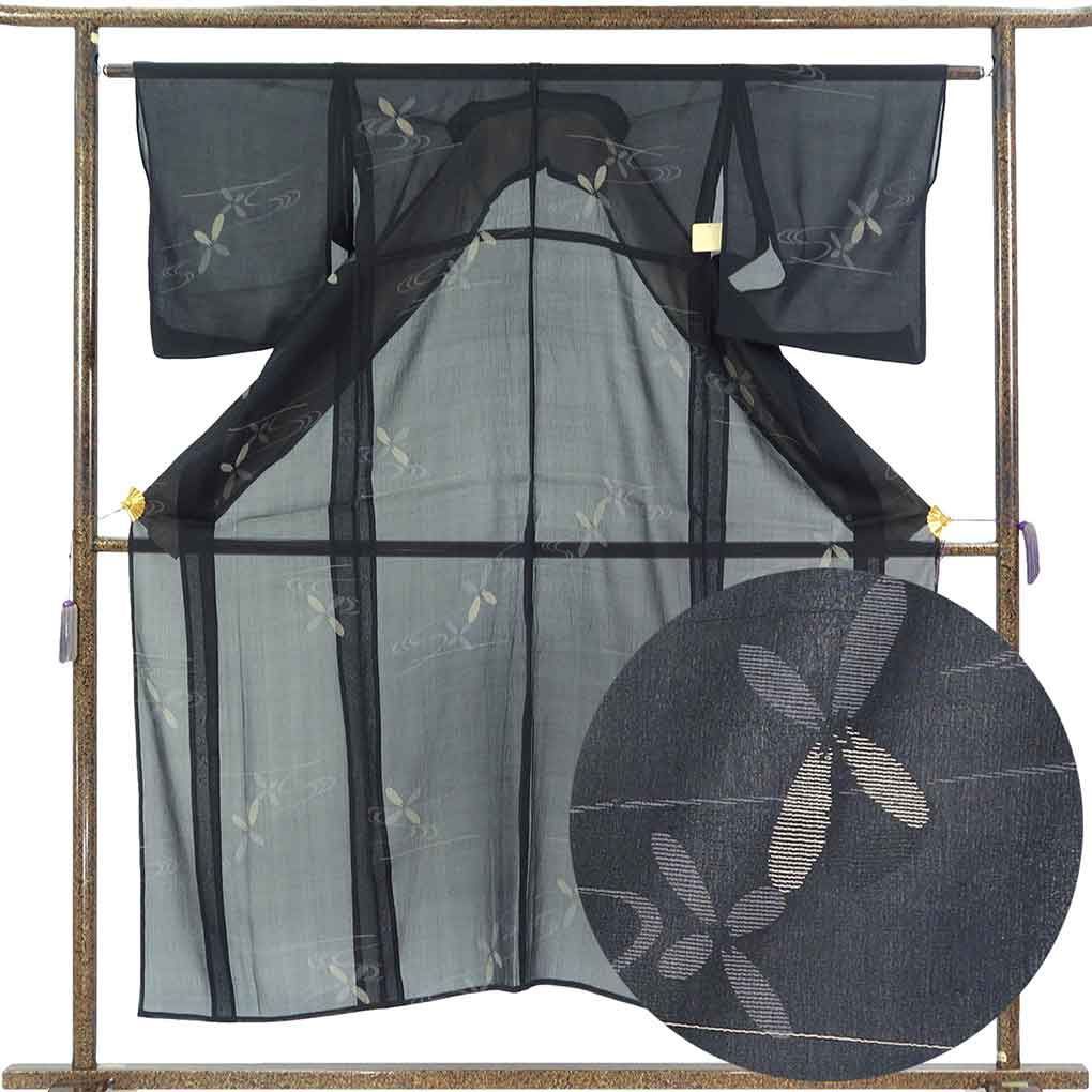 小紋 身丈153cm 裄63cm 前幅24cm 後幅30cm 袖丈49cm 袖幅32cm レディース 花柄 裄Mサイズ 夏用 正絹（シルク）ブラック やや難 リメイク リユース リサイクル【呉服のきくや】