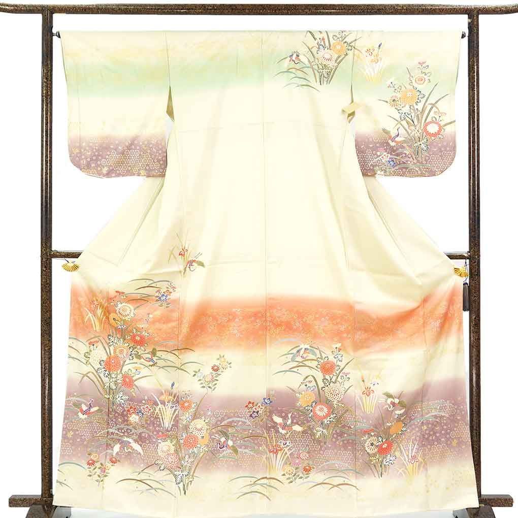 訪問着 身丈165cm 裄66cm 前幅24.5cm 後幅30cm 袖丈50cm 袖幅34cm レディース 袷 花柄 裄長 裄M-Lサイズ 秋冬春用 正絹（シルク）グリーン トールサイズ 未使用品 リメイク リユース リサイクル【呉服のきくや】