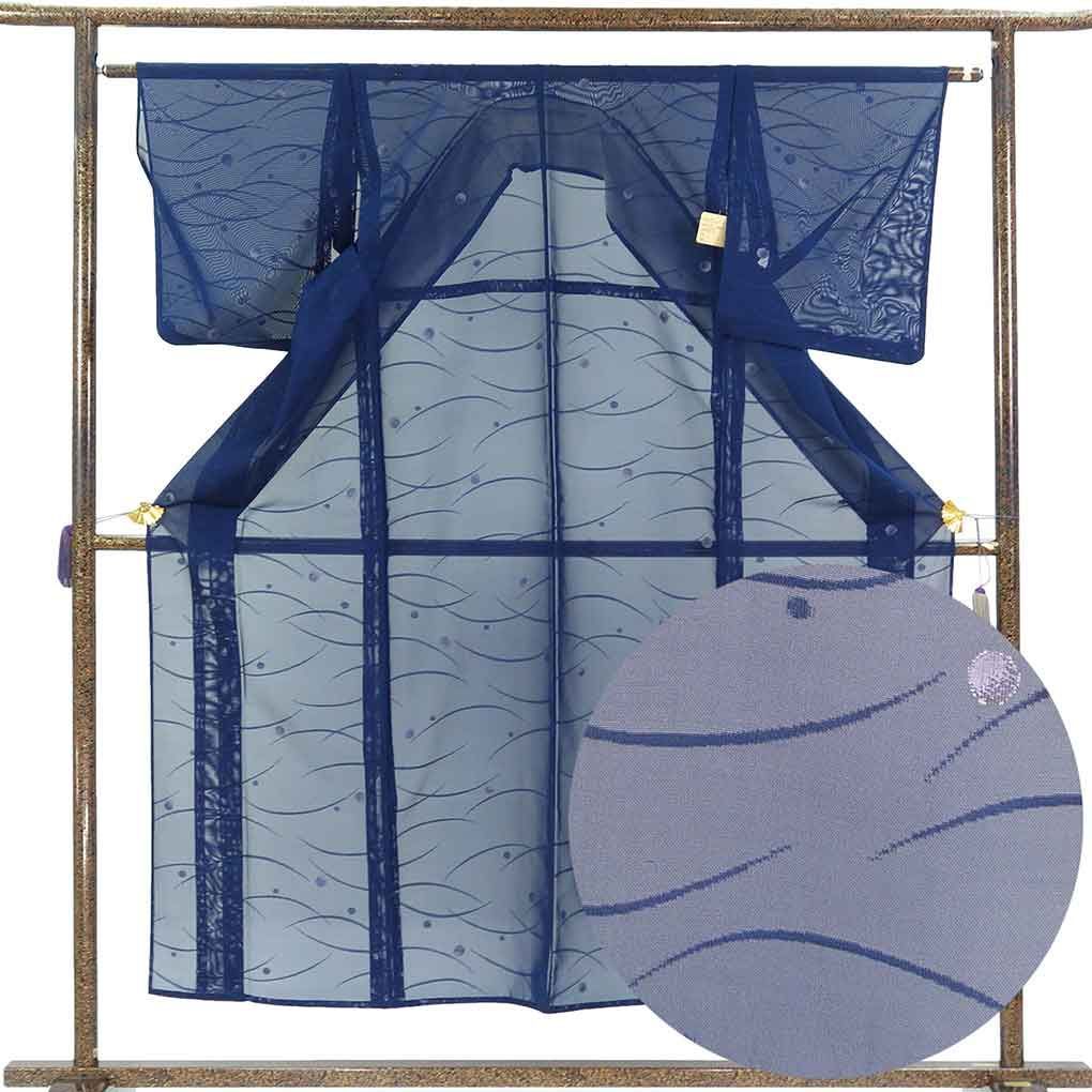 紋紗着物 身丈152cm 裄62cm 前幅23cm 後幅31cm 袖丈48.5cm 袖幅32cm レディース 露芝 裄Sサイズ 夏用 正絹（シルク）ネイビー 美品 リメイク リユース リサイクル【呉服のきくや】