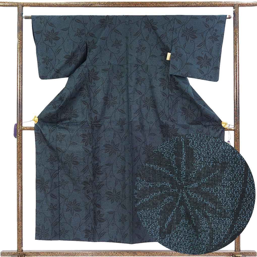 紬アンサンブル 羽織(コート）丈82cm 身丈155cm 裄63cm 前幅23cm 後幅28cm 袖丈46cm 袖幅32.5cm レディース 単衣 花柄 裄Mサイズ 初夏・初秋用 正絹（シルク）ネイビー 美品 リメイク リユース リサイクル【呉服のきくや】