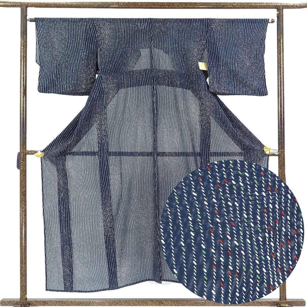 小紋 身丈155cm 裄64cm 前幅25cm 後幅30cm 袖丈46cm 袖幅32cm レディース 連続模様 裄Mサイズ 夏用 正絹（シルク）ネイビー 美品 リメイク リユース リサイクル【呉服のきくや】