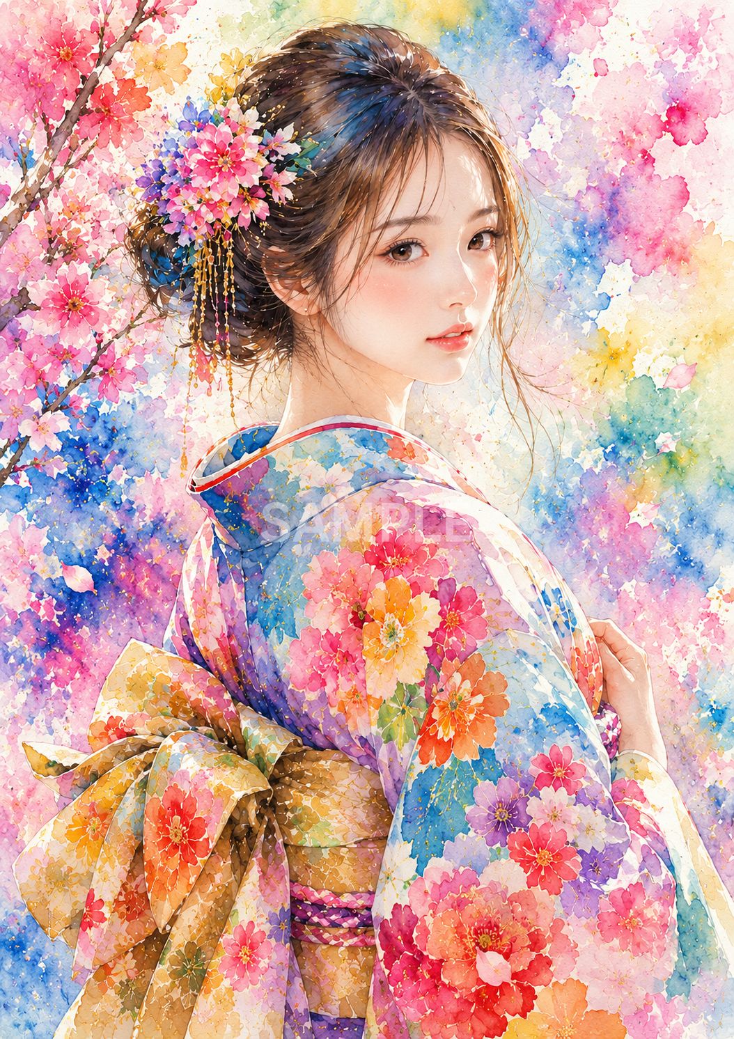 水彩画風 和服美人アートポスター｜華やかで美しい着物女性イラスト