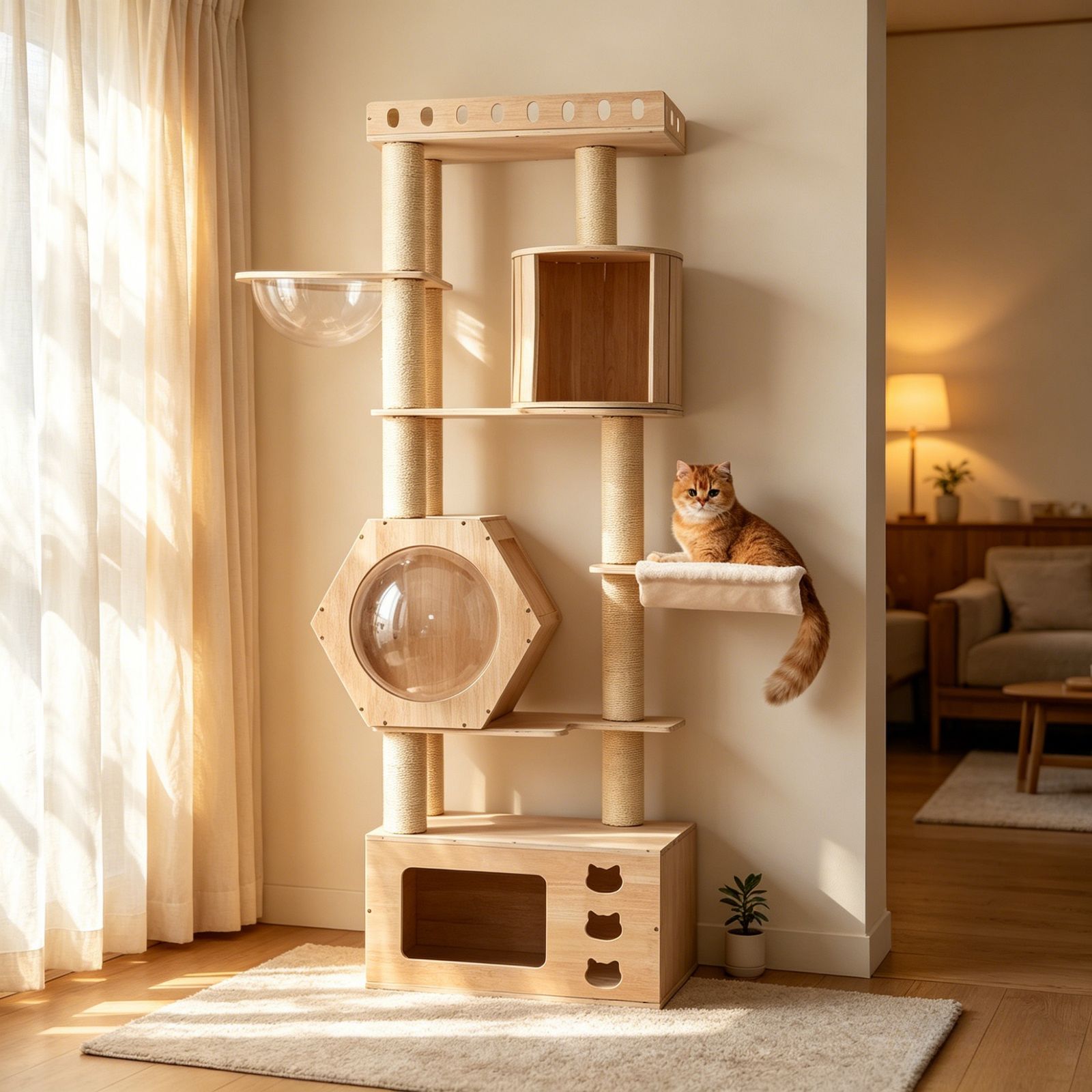 キャットタワー キャットツリー 猫家具 猫用品 ペット用品 据え置き 室内遊具 爪とぎポール 展望台 ハンモック 宇宙船型ハウス 隠れ家 多頭飼い 天然木 木製 天然麻ロープ 171.5cm 120×40.5cm ナチュラル 組立品