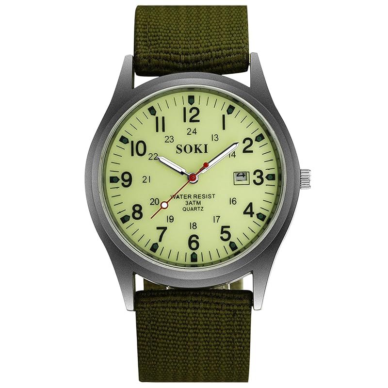 【新品】 メンズ 腕時計 うで時計 防水 光る: アラビア数字 精巧 模擬 軍用時計 野外 24時間夜光 ポインタ クォーツ 大文字盤 シンプル ナイロンベルト グリーン