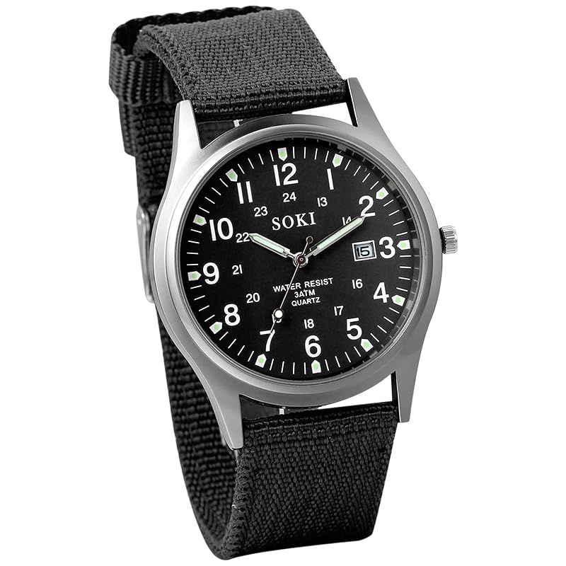 【新品】 メンズ 腕時計 防水 光る: アラビア数字 模擬 軍用時計 野外 24時間夜光 ポインタ クォーツ 大文字盤 シンプル ナイロンベルト ブラック