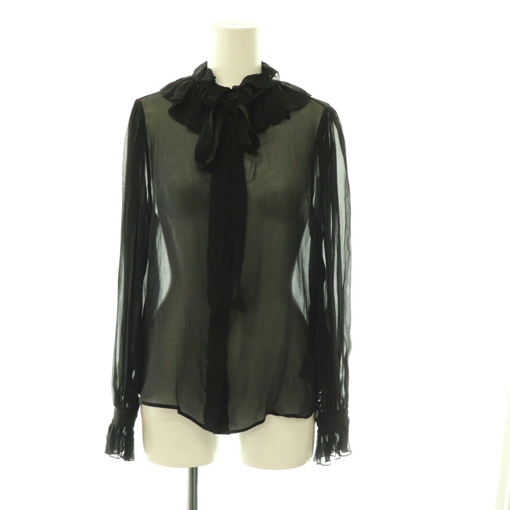 サンローラン パリ SAINT LAURENT PARIS ボウタイ フリル シアーシルクブラウス 比翼ボタン F 36 黒 ブラック 650245 /CX ■OS