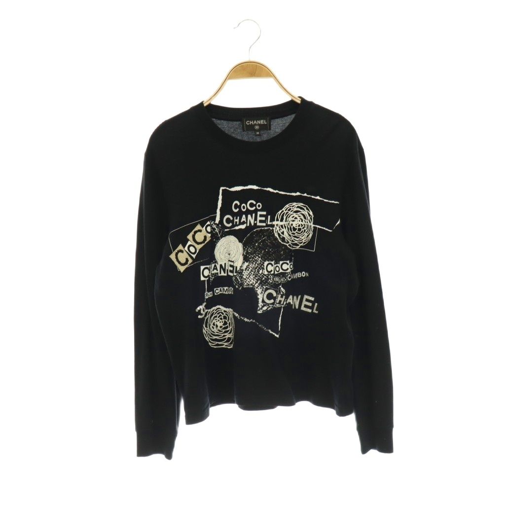 シャネル CHANEL 20SS COCO グラフィティ ロゴ 長袖 カットソー Tシャツ ロンT スパンコール装飾 ビジュー XS 黒 ブラック 白 ホワイト ゴールドカラー P63300K48961 /CX ■OS